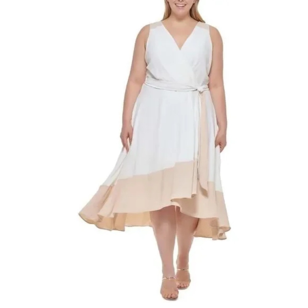 DKNY White and Tan High Low Dress